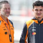 Zak Brown(L), CEO of McLaren Racing talks with team s British driver Lando Norris during the F1 pre-season testing at the Bahrain International Circuit in Sakhir, Bahrain, Feb. 26, 2025