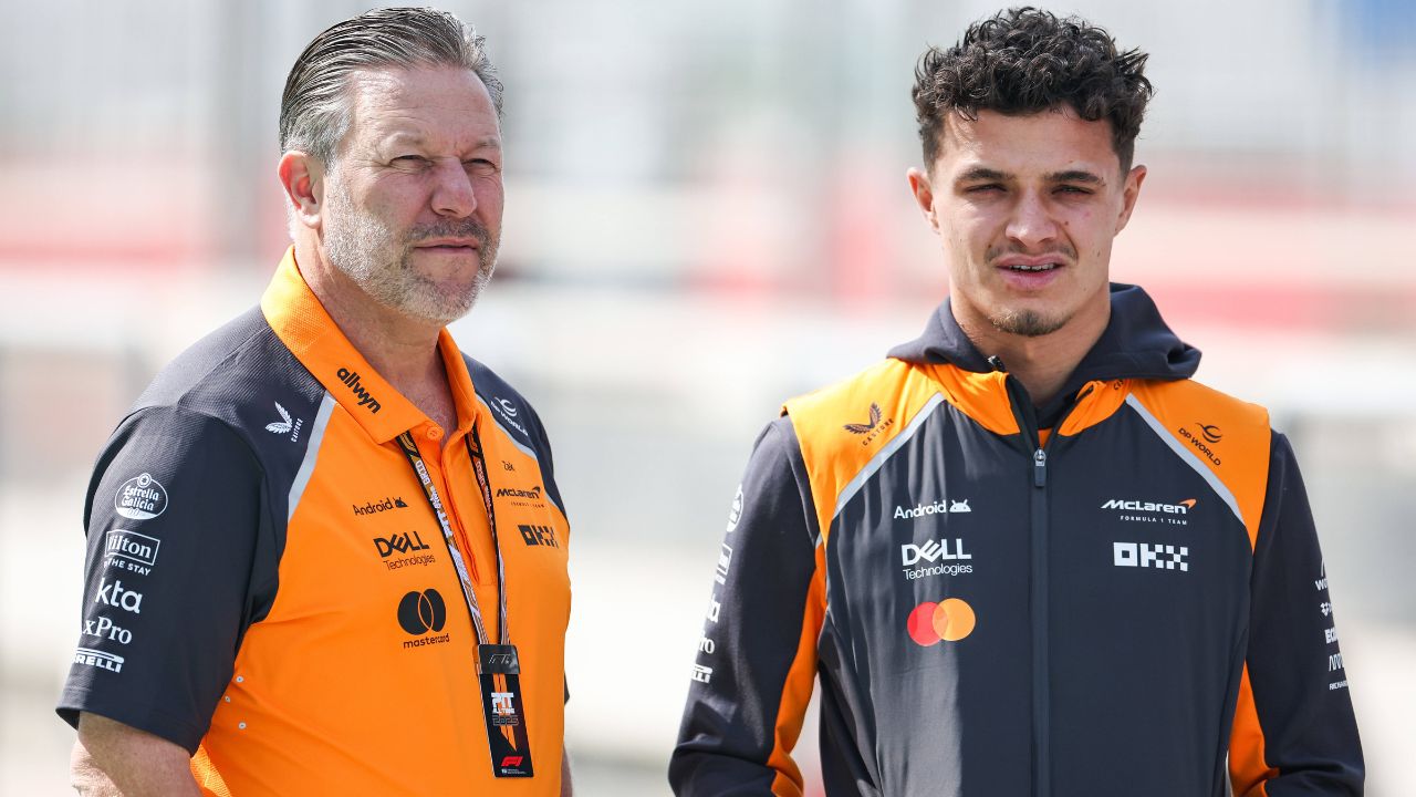 Zak Brown(L), CEO of McLaren Racing talks with team s British driver Lando Norris during the F1 pre-season testing at the Bahrain International Circuit in Sakhir, Bahrain, Feb. 26, 2025