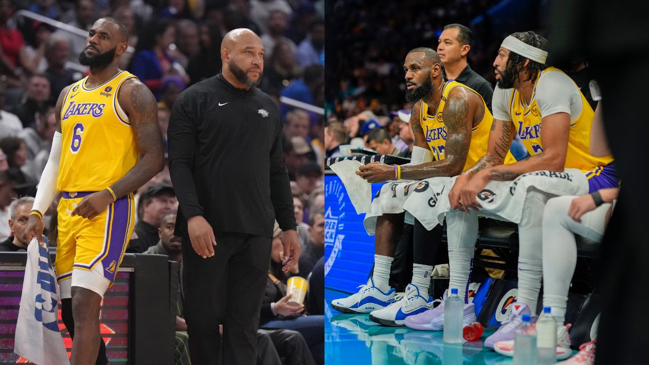 LeBron James and Darvin Ham (L), LeBron James and Anthony Davis (R)