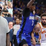 Shaquille O'Neal (L), Trae Young of the Atlanta Hawks (R)