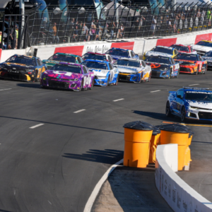 Pace car peels off as the field enters turn three for a restart during the All Star Open race at North Wilkesboro Speedway.