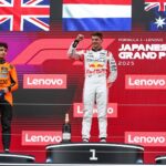 Winner Red Bull Racing s Dutch driver Max Verstappen (C) poses with second-placed McLaren s British driver Lando Norris (L) and third-placed McLaren s Australian driver Oscar Piastri on the podium after the Formula One Japanese Grand Prix 2025 at the Suzuka Circuit in Suzuka, Japan, April 6, 2025