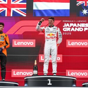 Winner Red Bull Racing s Dutch driver Max Verstappen (C) poses with second-placed McLaren s British driver Lando Norris (L) and third-placed McLaren s Australian driver Oscar Piastri on the podium after the Formula One Japanese Grand Prix 2025 at the Suzuka Circuit in Suzuka, Japan, April 6, 2025