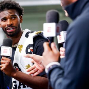 Colorado Buffaloes quarterback Shedeur Sanders (2) talks to ESPN after the University of Colorado NFL Showcase at the CU Indoor Practice Facility.