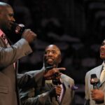February 24, 2012; Orlando FL, USA; TNT anchor Kenny Smith introduces Team Shaq general manager Shaquille O'Neal and Team Chuck general manager Charles Barkley before the BBVA rising stars challenge at the Amway Center in Orlando. Mandatory Credit: Kim Klement-Imagn Images
