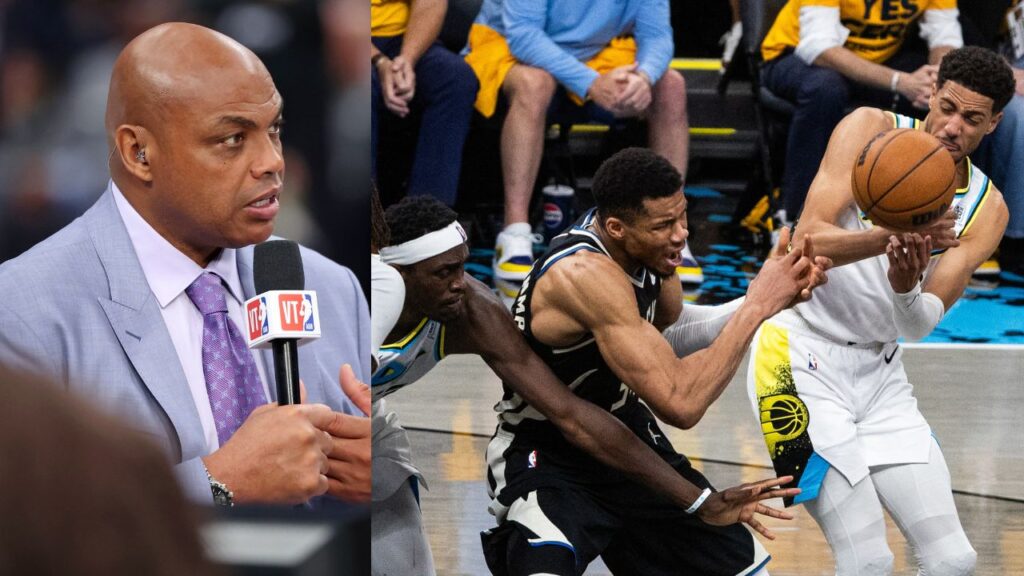 Charles Barkley (L), Giannis Antetokounmpo being guarded by the Indiana Pacers (R)