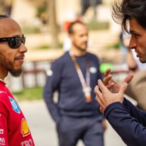 Lewis Hamilton UK, Scuderia Ferrari HP 44 left and his predecessor at Ferrari, Carlos Sainz jr ESP, Atlassian Williams Racing 55 BHR, Formula 1 World Championship, Formula 1 testing, Bahrain international Circuit, 28 02 2025