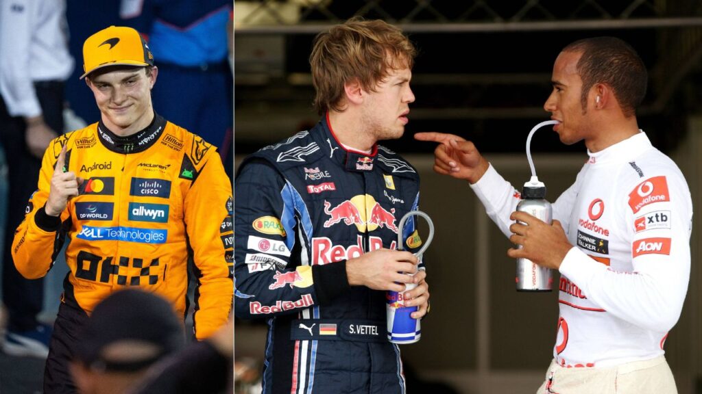 Oscar Piastri (L), Sebastian Vettel and Lewis Hamilton (R)