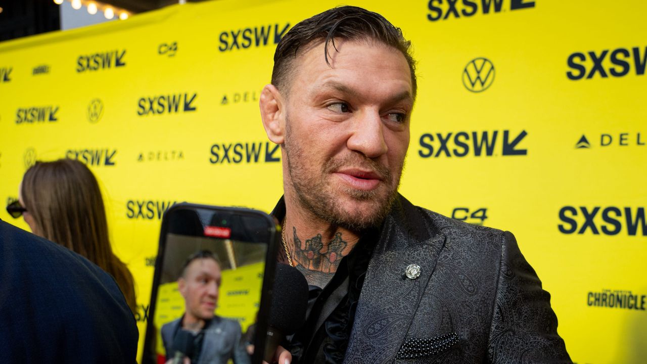Conor McGregor speaks to press on the red carpet before the premiere of Road House at the Paramount Theatre in Austin, Texas on the first day of South by Southwest, Friday, March 8, 2024. McGregor plays the character \"Knox\" in the movie.