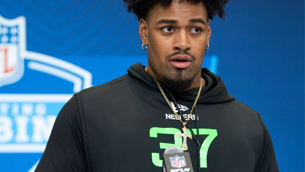 Ohio State University offensive lineman Josh Simmons (OL37) answers questions at a press conference during the 2025 NFL Combine at Indiana Convention Center.