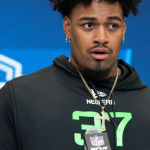 Ohio State University offensive lineman Josh Simmons (OL37) answers questions at a press conference during the 2025 NFL Combine at Indiana Convention Center.