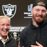 Las Vegas Raiders defensive end Maxx Crosby (right) and coach Pete Carroll at press conference at Intermountain Health Performance Center.