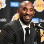 Former Lakers player Kobe Bryant speaks to the media prior to the Lakers' game against the Golden State Warriors at Staples Center. Bryant's numbers 8 and 24 were to be retired during a halftime ceremony.