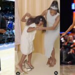 Dwyane Wade and daughter Kaavia (L), Gabrielle Union and Kaavia (C), Angel Reese (R)
