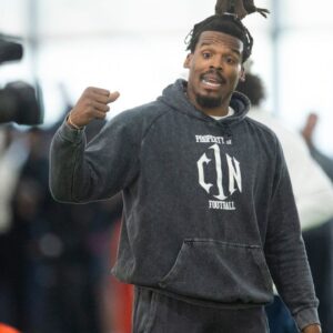 Former Auburn quarterback and NFL MVP Cam Newton during Auburn Tigers Pro Day at Woltosz Football Performance Center in Auburn, Ala., on Tuesday, March 21, 2023.