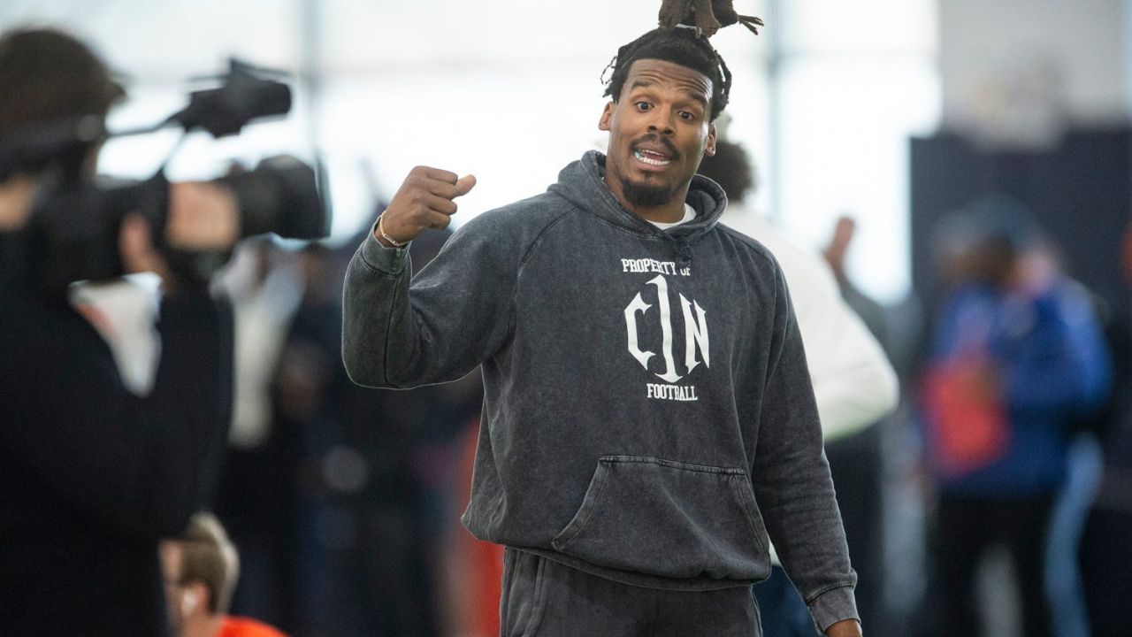Former Auburn quarterback and NFL MVP Cam Newton during Auburn Tigers Pro Day at Woltosz Football Performance Center in Auburn, Ala., on Tuesday, March 21, 2023.