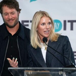 Matthew and Kelly Stafford make remarks before the ribbon cutting for the Kelly and Matthew Stafford and Friends Education Center at the S.A.Y Detroit Play Center in Detroit on Monday, April 1, 2024.