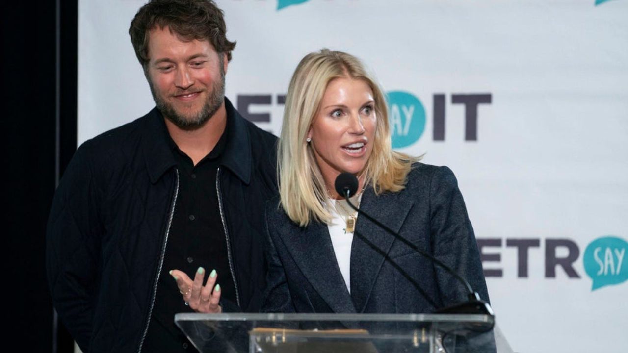 Matthew and Kelly Stafford make remarks before the ribbon cutting for the Kelly and Matthew Stafford and Friends Education Center at the S.A.Y Detroit Play Center in Detroit on Monday, April 1, 2024.