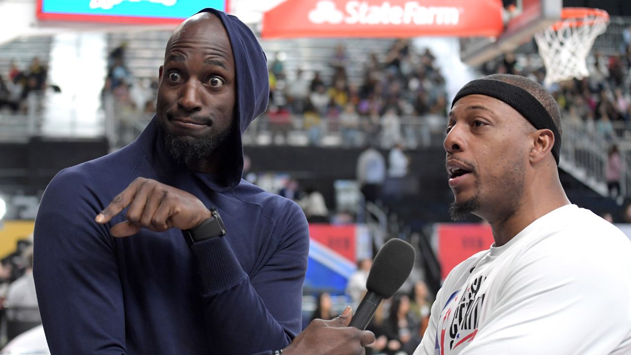 Feb 16, 2018; Los Angeles, CA, USA; Former NBA player Kevin Garnett (left) interviews former NBA player Paul Pierce during the NBA All-Star Celebrity Game at the Los Angeles Convention Center. Mandatory Credit: Kirby Lee-Imagn Images