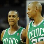 Boston Celtics guard Rajon Rondo (left) and guard Ray Allen (right) talk against the Charlotte Bobcats at Time Warner Cable Arena.