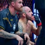 Alexander Volkanovski reacts following the loss against Ilia Topuria during UFC 298 at Honda Center.