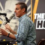 Radio personality Colin Cowherd broadcasts on radio row at the Moscone Center in advance of Super Bowl 50 between the Carolina Panthers and the Denver Broncos.