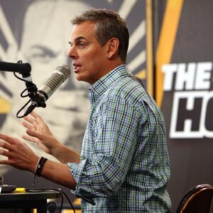 Radio personality Colin Cowherd broadcasts on radio row at the Moscone Center in advance of Super Bowl 50 between the Carolina Panthers and the Denver Broncos.