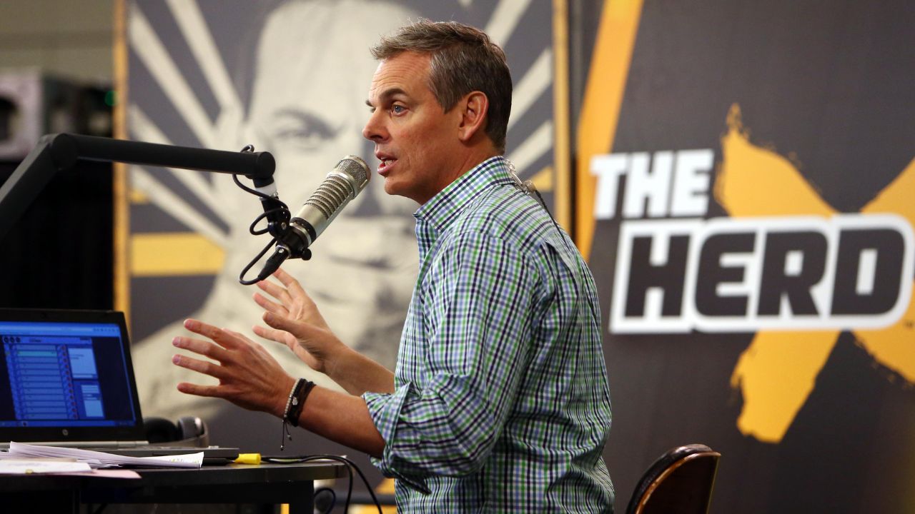 Radio personality Colin Cowherd broadcasts on radio row at the Moscone Center in advance of Super Bowl 50 between the Carolina Panthers and the Denver Broncos.