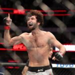 Zabit Magomedsharipov (red gloves) reacts after defeating Brandon Davis (not pictured) during UFC 228 at American Airlines Center.