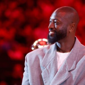 Former Miami Heat guard Dwyane Wade is honored at halftime during the game against the Detroit Pistons at Kaseya Center.