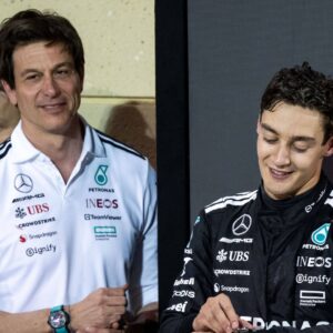 Toto Wolff Mercedes AMG Petronas F1 Team, Team Principal , George Russell Mercedes AMG Petronas F1 Team, Great Britain, 63 at Parc Ferme satisfied with 2nd place on the podium, BAH, Formula 1 World Championship, Gulf Air Grand Prix of Bahrain