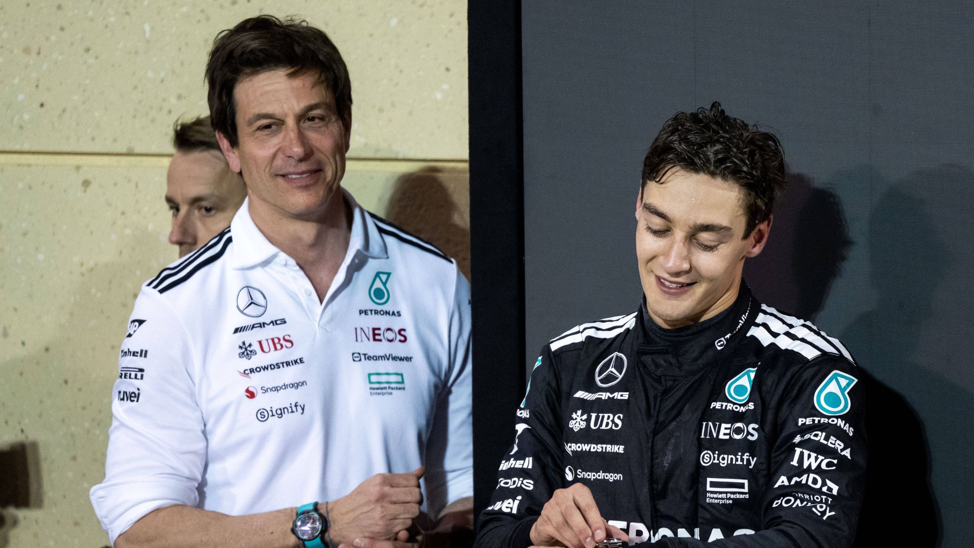 Toto Wolff Mercedes AMG Petronas F1 Team, Team Principal , George Russell Mercedes AMG Petronas F1 Team, Great Britain, 63 at Parc Ferme satisfied with 2nd place on the podium, BAH, Formula 1 World Championship, Gulf Air Grand Prix of Bahrain