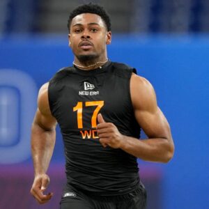 Mississippi wideout Tre Harris (WO17) during the 2025 NFL Combine at Lucas Oil Stadium.
