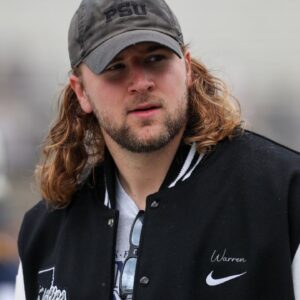 Former Penn State Nittany Lions tight end Tyler Warren walks on the sideline prior to the Blue White spring game at Beaver Stadium.