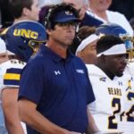 Sep 3, 2021; Boulder, Colorado, USA; Northern Colorado Bears head coach Ed McCaffrey looks on from the sidelines in the first quarter against the Colorado Buffaloes at Folsom Field.