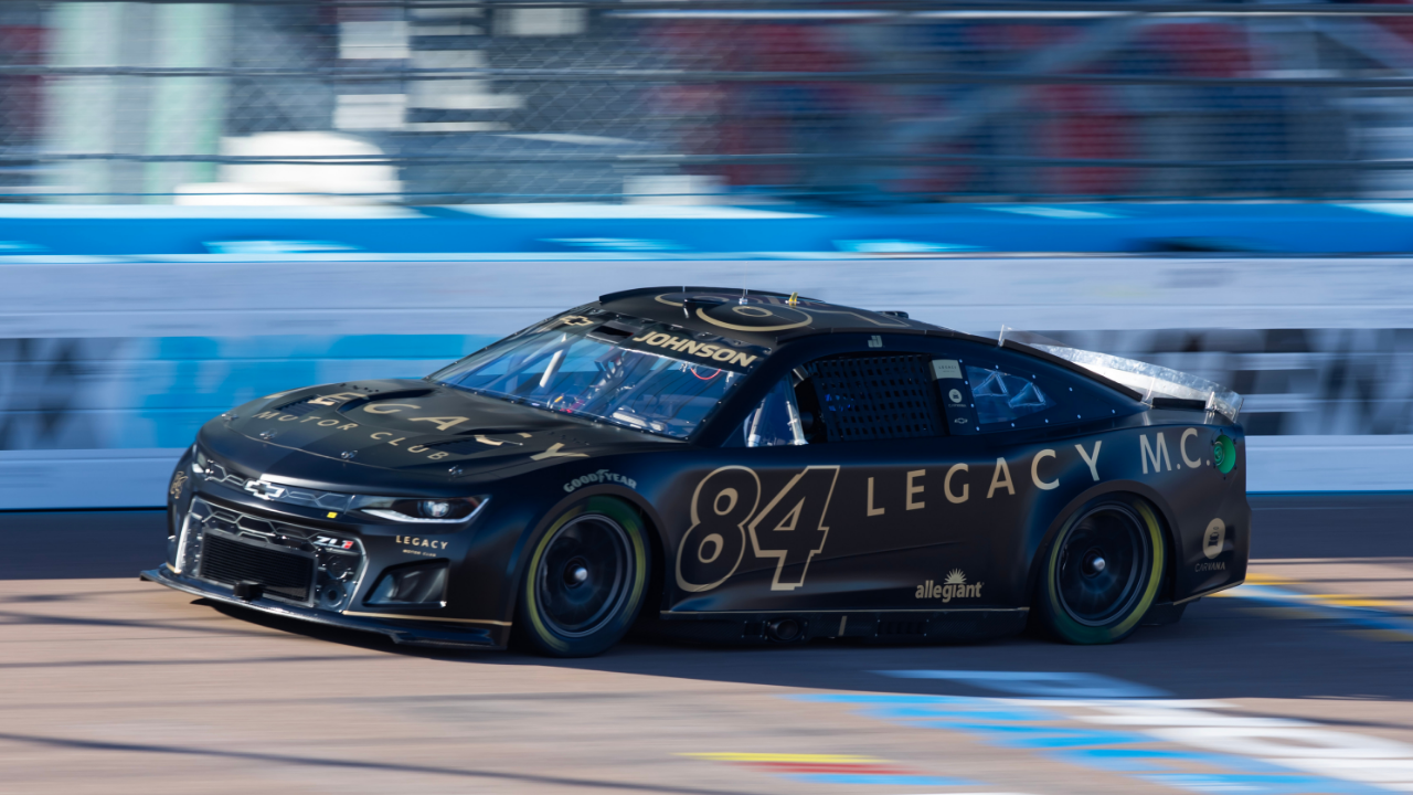 Jan 24, 2023; Avondale, AZ, USA; NASCAR Cup Series driver Jimmie Johnson (84) tests his Legacy Motor Club car during testing at Phoenix Raceway. Mandatory Credit: Mark J. Rebilas-Imagn Images