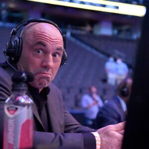 Joe Rogan Announcer Joe Rogan reacts during UFC 249 at VyStar Veterans Memorial Arena on May 09, 2020 in Jacksonville, FL.