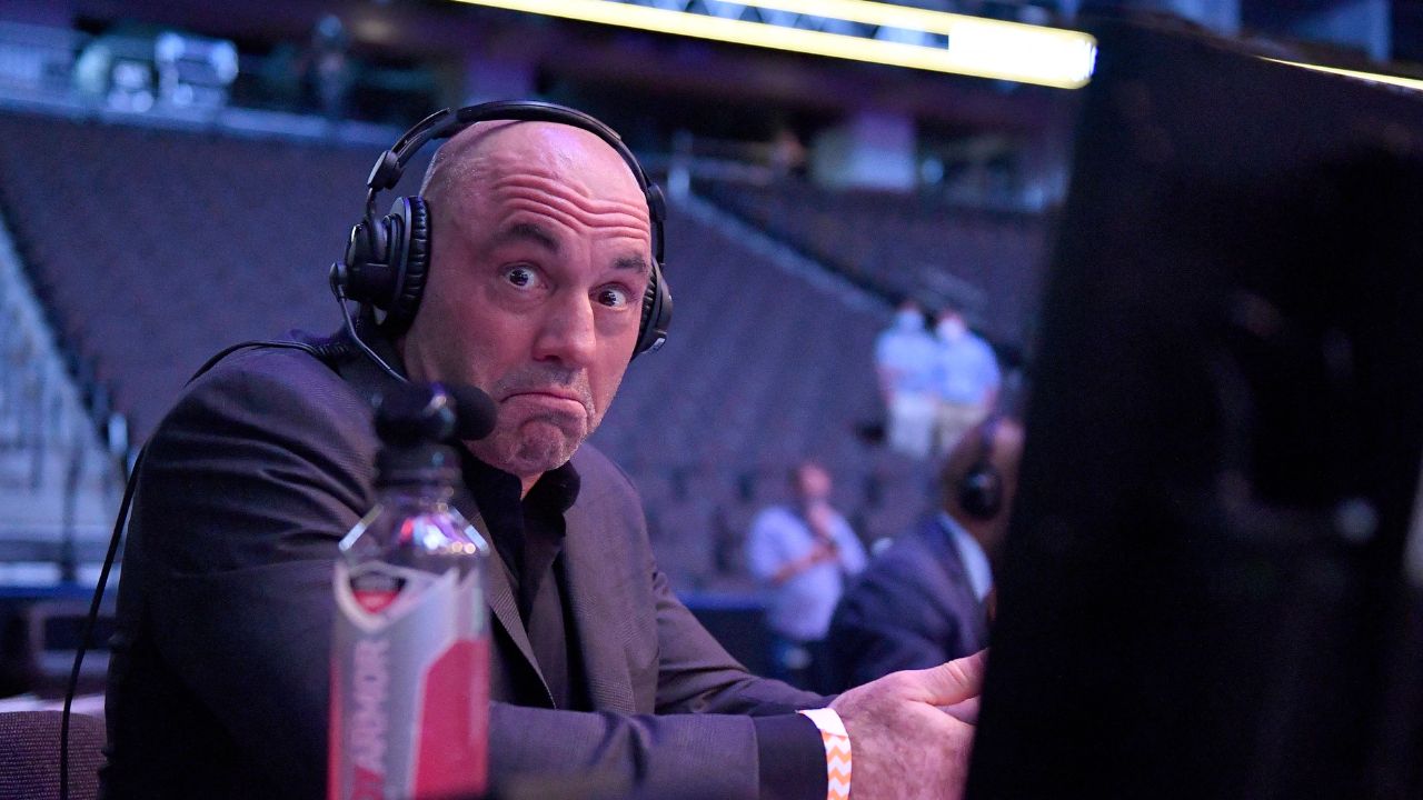 Joe Rogan Announcer Joe Rogan reacts during UFC 249 at VyStar Veterans Memorial Arena on May 09, 2020 in Jacksonville, FL.