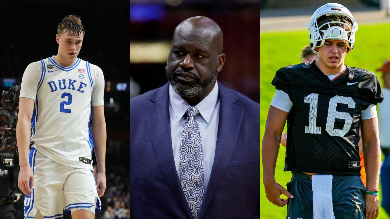 Cooper Flagg(L), Shaquille O'Neal(Center), and Arch Manning(R)