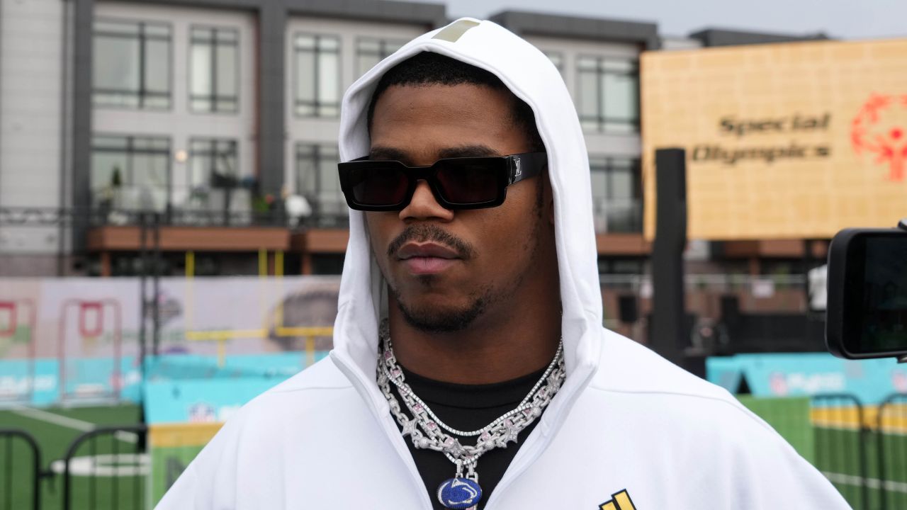 Penn State Nittany Lions defensive end Abdul Carter at the NFL Draft prospect clinic with Special Olympics at Draft Experience Field at Titletown.