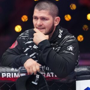 Khabib Nurmagomedov speaks to Tagir Ulanbekov at Intercontinental Downtown Los Angeles for UFC311