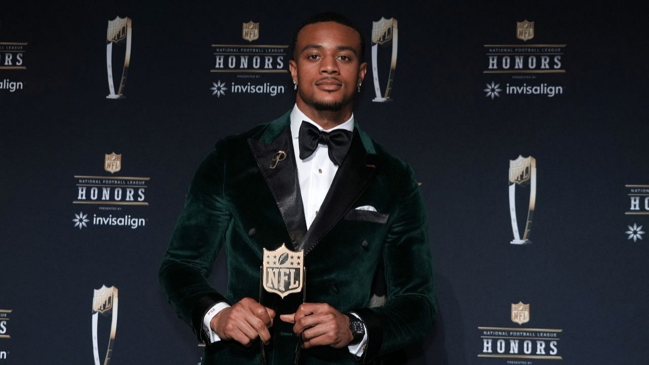Denver Broncos cornerback Patrick Surtain II poses with the Defensive Player of the Year award during Super Bowl LIX NFL Honors at Saenger Theatre.