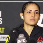 Polyana Viana interacts with media after the UFC 258 event at UFC Apex on February 13, 2021 in Las Vegas, Nevada, United States.