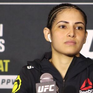 Polyana Viana interacts with media after the UFC 258 event at UFC Apex on February 13, 2021 in Las Vegas, Nevada, United States.