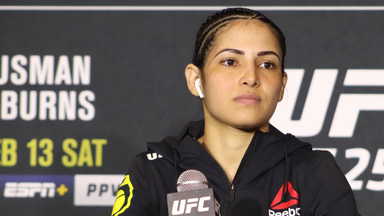 Polyana Viana interacts with media after the UFC 258 event at UFC Apex on February 13, 2021 in Las Vegas, Nevada, United States.