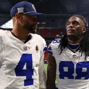 Nov 3, 2024; Atlanta, Georgia, USA; Dallas Cowboys quarterback Dak Prescott (4) and wide receiver CeeDee Lamb (88) walk off the field after a loss against the Atlanta Falcons at Mercedes-Benz Stadium.