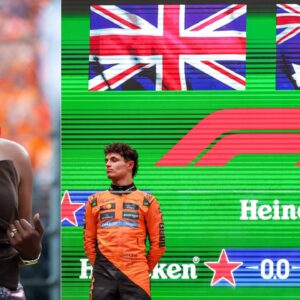 Naomi Schiff (L) and Oscar Piastri and Lando Norris (R)