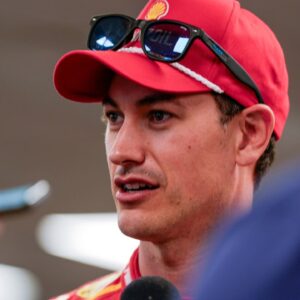 Apr 5, 2025; Darlington, South Carolina, USA; NASCAR Cup Series driver Joey Logano (22) talks with media at Darlington Raceway. Mandatory Credit: Jim Dedmon-Imagn Images