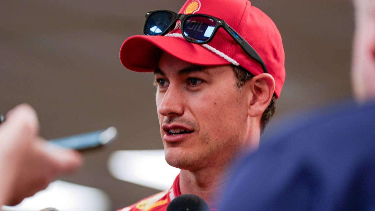 Apr 5, 2025; Darlington, South Carolina, USA; NASCAR Cup Series driver Joey Logano (22) talks with media at Darlington Raceway. Mandatory Credit: Jim Dedmon-Imagn Images