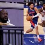 Shaquille O'Neal (L), OG Anunoby and Karl Anthony Towns defending against Cade Cunningham (R)